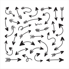 Set of hand drawn doodle arrows isolated on white background indicating different directions and movements
