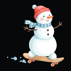 Cute Snowman Skateboarder Watercolor, Isolated on Black Background, Vector Illustration
