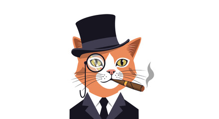 Obraz premium A sophisticated orange and white cat in a top hat and suit, wearing a monocle and smoking a cigar with wisps of smoke.