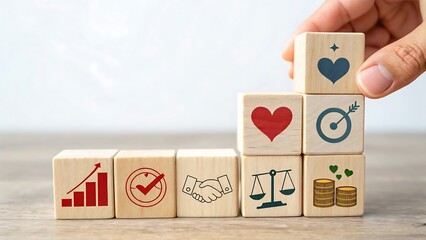 Wooden Blocks with Icons – Personal Growth, Emotional Intelligence & Goal Setting Visuals
