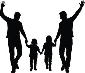 Family walking silhouette, unity gesture, parents with children, raised arms, togetherness icon, black figure, emotional bond, parenting theme, social support, love, connection, harmony