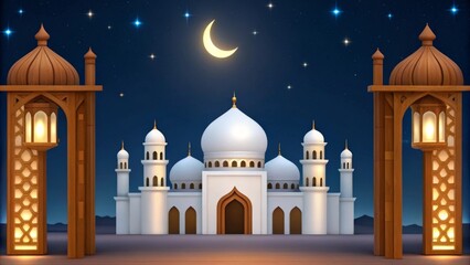 A serene mosque under a starry night sky with a glowing crescent moon