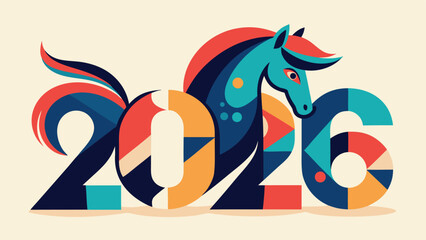Colorful horse alongside Happy New Year 2026 text, representing festive cheer and the arrival of the new year..eps