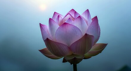 Close-up of a beautiful pink lotus flower with water droplets, set against a soft, misty background, illuminated by the morning sun.