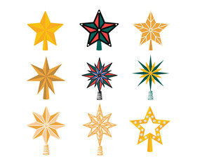Collection of various Christmas tree star toppers with different designs and colors, festive holiday decorations.