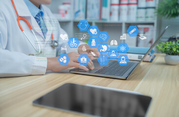 Doctor using laptop with medical icons, digital health interface, and clinical data overlay. Modern healthcare technology, telemedicine, and data visualization concept with clear text space for design