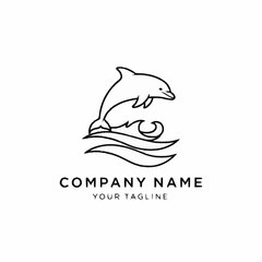 Minimalist line art logo of a dolphin jumping over ocean waves.