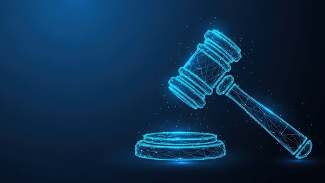 Abstract digital blue gavel striking sounding block representing justice and law