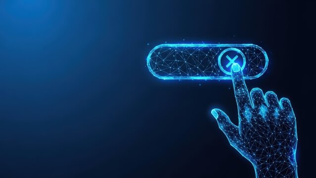Digital hand pressing a virtual close button on futuristic interface technology