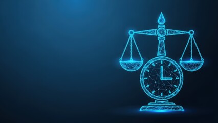 Digital scales of justice balancing time on a clock face with a wireframe design