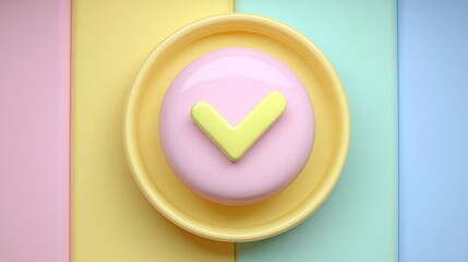 A yellow and pink button with a yellow checkmark on a colorful background with pastel colors.