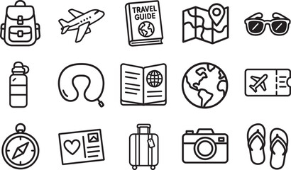 A collection of essential travel icons, meticulously illustrated in a clean, minimalist style. From passports to compasses, sunglasses to cameras.