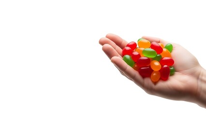 Hand Holding Colorful Jelly Beans on White Background candy