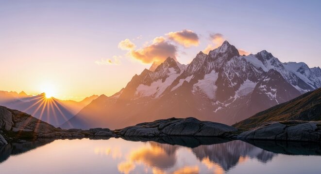 A stunning landscape photograph featuring a mountain range with snow-capped peaks reflected in a calm lake at sunset. The sky is filled with warm colors and dra