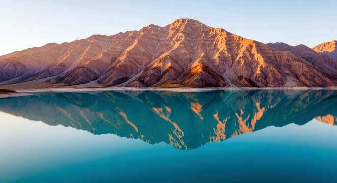 A scenic landscape featuring a mountain range reflected in a calm lake during sunrise. The image captures the beauty of nature with vibrant colors and clear ref