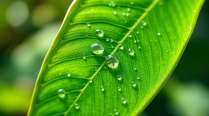 Leafy droplets: A close-up showcases a vibrant green leaf, adorned with glistening water droplets, epitomizing the purity and vitality of nature. 