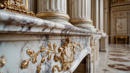 A luxurious marble fireplace with intricate gold leaf detailing, set against a white marble backdrop, in a grand, opulent room with ornate columns and intricate plasterwork.