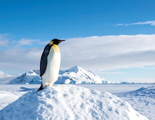 Fototapeta premium Solitary penguin stands atop a snowy mound with mountain background