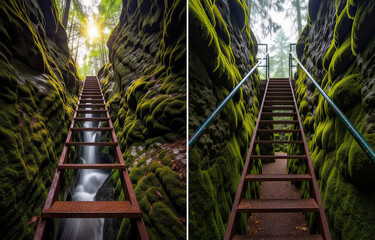 A rocky gorge with moss-covered rocks, a staircase, and a waterfall, long exposure photography, set