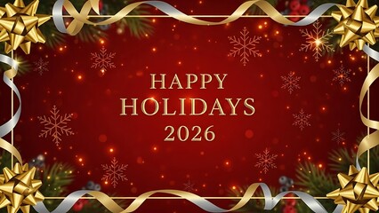 Happy Holidays 2026 with festive red background and gold ribbon