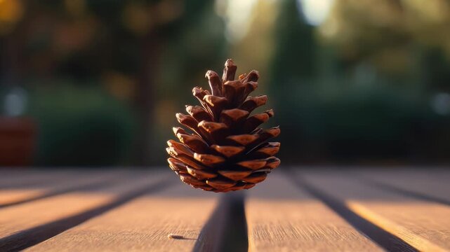 A single pine cone sits atop a wooden table, perfect for decorating or adding to nature-inspired arrangements