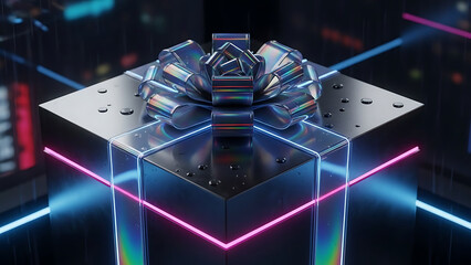 Abstract futuristic silver structure with neon lights and geometric shapes