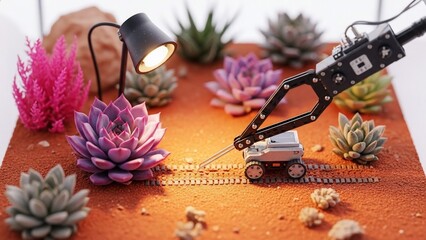 Miniature robotic arm tending to colorful succulent plants in a simulated desert environment under a small lamp.