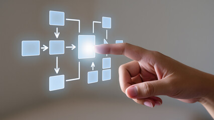 businessman touching virtual screen Business process and workflow automation with flowchart