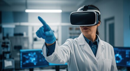 Female scientist wearing vr headset interacting
