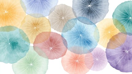 A colorful watercolor illustration of a group of umbrellas with pastel shades of blue, green,