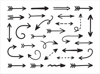 Set of hand drawn arrows isolated on white background vector illustration graphic elements doodle style