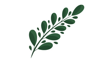 A stylized illustration of a green leafy branch, featuring numerous small, dark green oval leaves arranged along a slender stem.