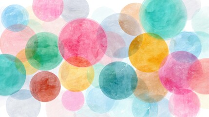 A colorful abstract watercolor painting with a mix of pink, blue, yellow, and green circles on a white background.