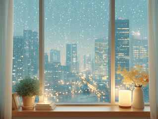 窓から見える雨の都会と暖かな冬の夜