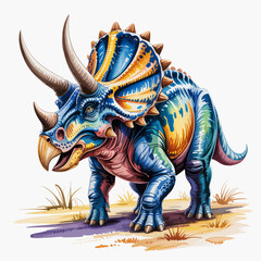 This vibrant illustration features a whimsical triceratops with colorful patterns, appealing to children and dinosaur enthusiasts alike, capturing imagination and joy. © Jianjiu