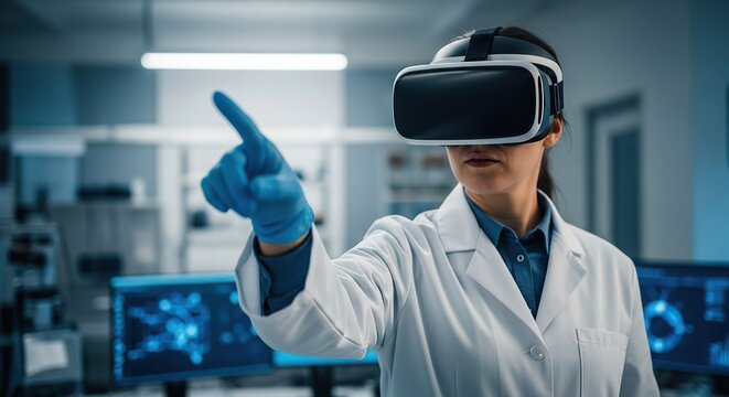 Female scientist wearing vr headset interacting - Powered by Adobe