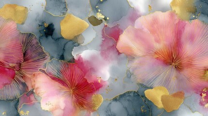 A vibrant abstract painting featuring pink and gold flowers on a gray and white background with gold leaf accents.