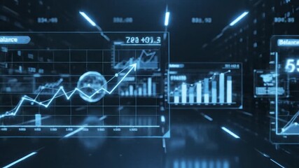 Futuristic digital interface displaying financial stock market data with graphs and charts. - Powered by Adobe