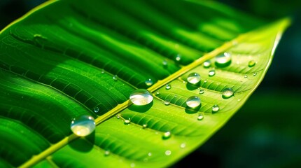 Rain-Kissed Emerald: A single vibrant green leaf, adorned with glistening water droplets, captures the purity of nature, creating a sense of freshness and serenity.