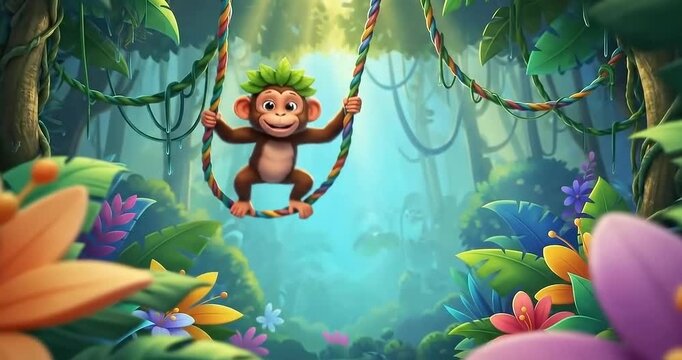 Playful monkey swinging joyfully on a vine in a vibrant jungle filled with colorful flowers