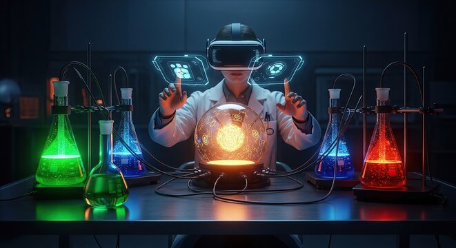 Future scientist in vr headset researching data. - Powered by Adobe