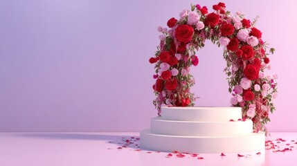 A white podium adorned with a floral arch, set against a gradient background with a soft, pastel hue, with scattered rose petals and a subtle, warm lighting effect.
