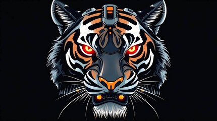 Digital Cybernetic Tiger Face Illustration: A striking, detailed illustration of a cybernetic tiger's face, merging technological components with the animal's natural form, glowing with intense.