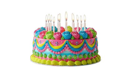 Birthday Cake with Lit Candles on White Background