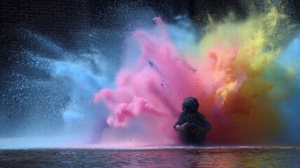A person in a black hoodie is surrounded by colorful powder, creating a dynamic and vibrant scene.