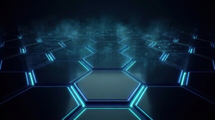 Hexagonal Grid with Neon Blue Edges and a Futuristic Glow, Abstract Technology Pattern