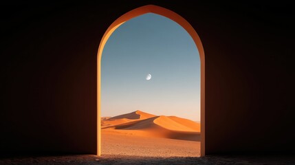 A large, arched doorway leads into a desert landscape with sand dunes and a crescent moon in the sky.