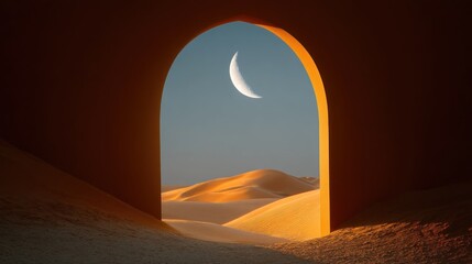 A crescent moon hangs in the sky above a desert landscape, casting a warm glow over the sand dunes and creating a serene and otherworldly atmosphere.