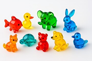 Obraz premium A group of colorful, translucent miniature animal figures (fish, duck, elephant, rabbit, cat, turtle, bear, dog, bird) on a white background.