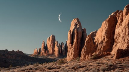 Crescent moon rising over rock formations in a desert landscape, with a clear blue sky and distant mountains in the background. 